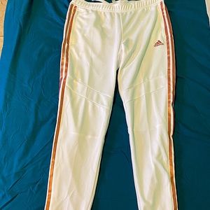 White Adidas track pants w/ rose gold trim